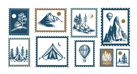 Camping set, stamp, Mountain landscape, hand drawn style, vector illustration.