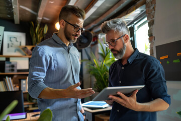 Creative Professionals Discussing Project on Tablet. Two male designers in a vibrant office environment using a tablet to collaborate on a project.