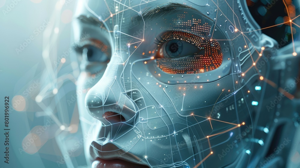 Poster It encompasses the idea of artificial intelligence housed within a humanoid head, equipped with a neural network for advanced thinking and processing capabilities. Generative AI.