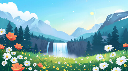 Explore a vibrant mountain scene with cascading water and colorful flowers in this minimalist children's book illustration.