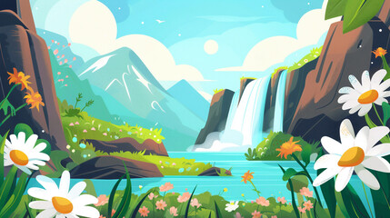 Lush green mountains and a sparkling waterfall framed by colorful spring flowers in a charming children's book illustration.