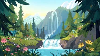 A minimalist children's book illustration showcases vibrant mountain flowers blooming near a cascading waterfall.