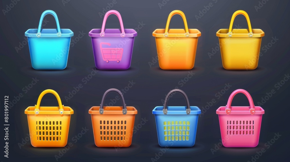 Wall mural The illustration of plastic shopping bags, empty color boxes for buying goods, retail business symbol, and add to cart online icon is drawn in 3D on a transparent background.