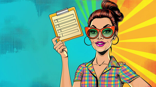 Pop art business concept. Manager checking to-do list. The secretary organizes the manager's daily meetings.