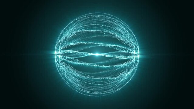 Shiny spherical field of flowing energy waves made of glow particles. Loopable abstract atomic orb background with smoothly moving plasma stream between magnetic poles. Seamless VJ loop , 4k , 60 fps