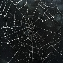 Dew Drops on Spider Web, Intricate Natural Pattern with Morning Dew on Dark Background

