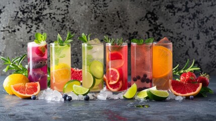 A vibrant display of different flad mocktail mixes including fruity blends and sparkling options. - obrazy, fototapety, plakaty