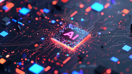 AI chip on a motherboard with neon blue and pink lights