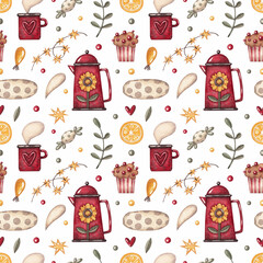 Seamless pattern with a red coffee pot, cupcake, garland of stars, lemon and twigs on a white background. Print on fabric and paper. Watercolor illustration. Food. Sweet. Coffee. Candies. Background. 