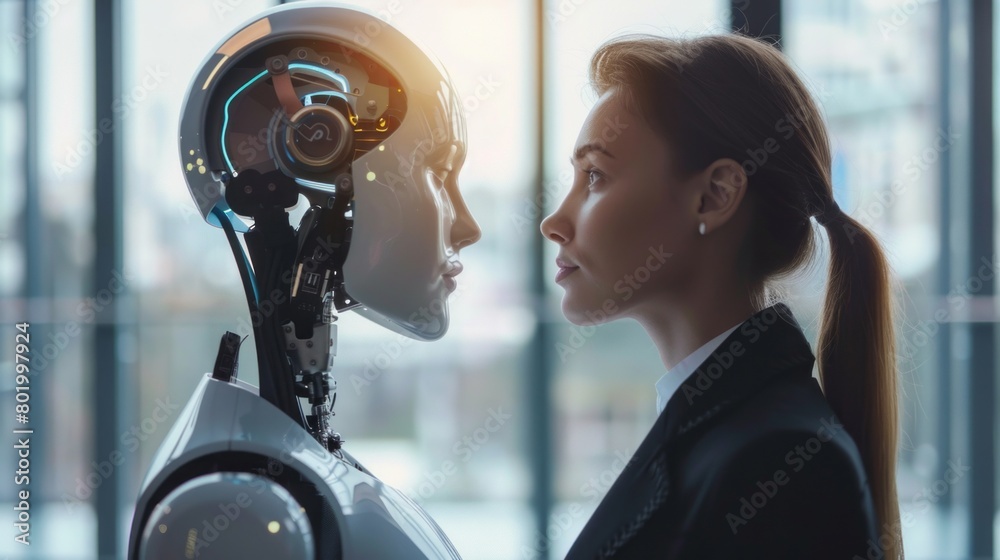 Poster a woman stands in front of a robot with a serious expression on her face
