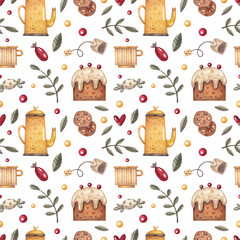 Seamless pattern with a yellow teapot, pie, sweets and branches on a white background. Print on fabric and paper. Watercolor illustration. Food. Sweet. Coffee. Tea. Candies. Background. Wallpaper. 