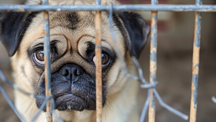 Abandoned Sad Pug in the cage