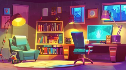 Cartoon illustration of a computer gaming blogger studio with desk computer, microphone, led light, smartphone for streaming, chairs, books, toy robot, and wall poster.