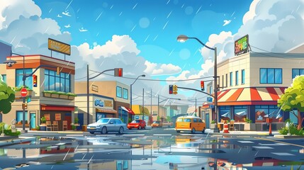 Detailed modern illustration of car on wet town street with puddles, modern building facades and shops, traffic signs, traffic lights, cloudy sky and raindrops.