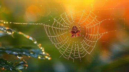 Dew-Covered Spider Web in Golden Morning Light.