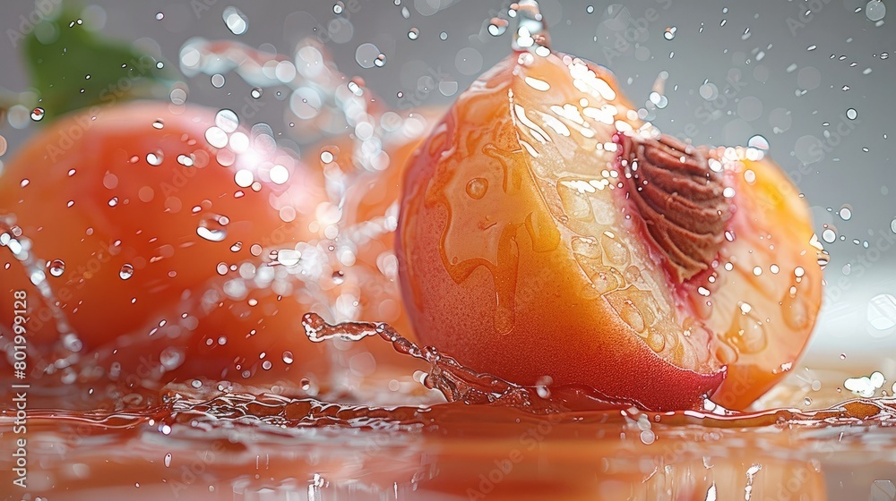 Poster tasty peach with peach juice splash on a white background. generative ai.