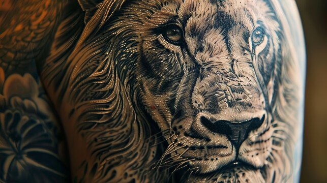 A lion tattoo, detailed with a fierce expression, representing courage and royalty, inked vividly on an uncluttered background to focus on the art's powerful symbolism