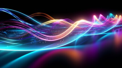 Electrical cables, neon waves, abstract 3D AI design, background pattern, glowing colored streams, and colorful optic fibers