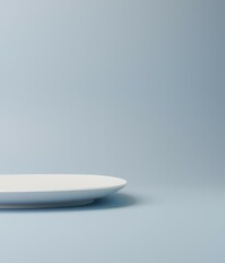 Empty white plate on light blue background. Minimal illustration with copy space for food, restaurant, app advertising, side view. 3D rendering. 