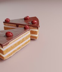 Two slices of cake with mirror glaze. Chocolate icing, vanilla sponge cake, milk filling, decorated with cherries. Isolated. Minimal 3d render illustration.