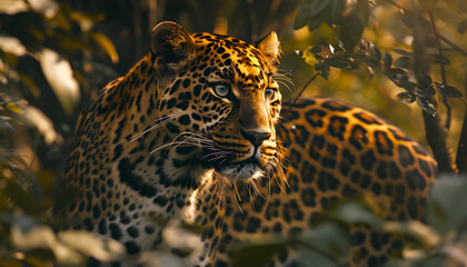 A leopard standing in the middle of the jungle starring intensely ahead - obrazy, fototapety, plakaty