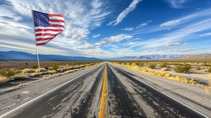 A dynamic shot of an American flag on a cross-country road trip, backdrop of endless highways, evoking feelings of adventure and national pride, isolated background