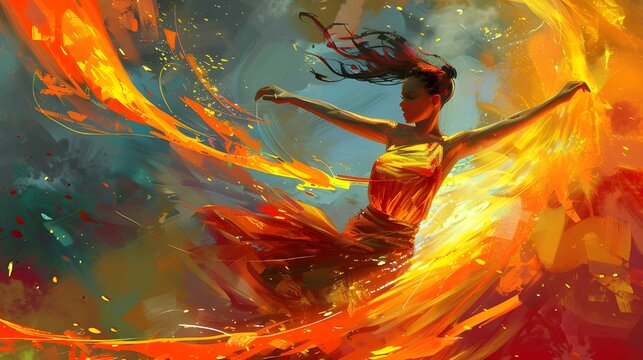 the girl in a dress floating on vibrant color sky in bright red and yellow
