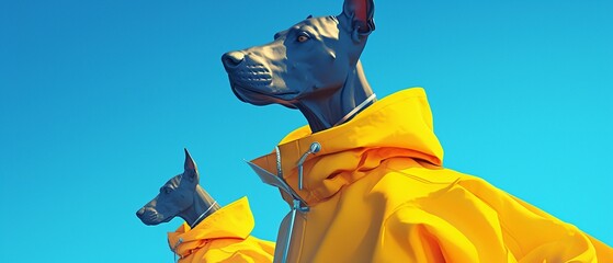 Stylish 3D dogs dressed in cuttingedge fashion, walking a runway surrounded by dazzling colors, a closeup view highlighting fabric quality  ,3DCG,high resulution,clean sharp focus