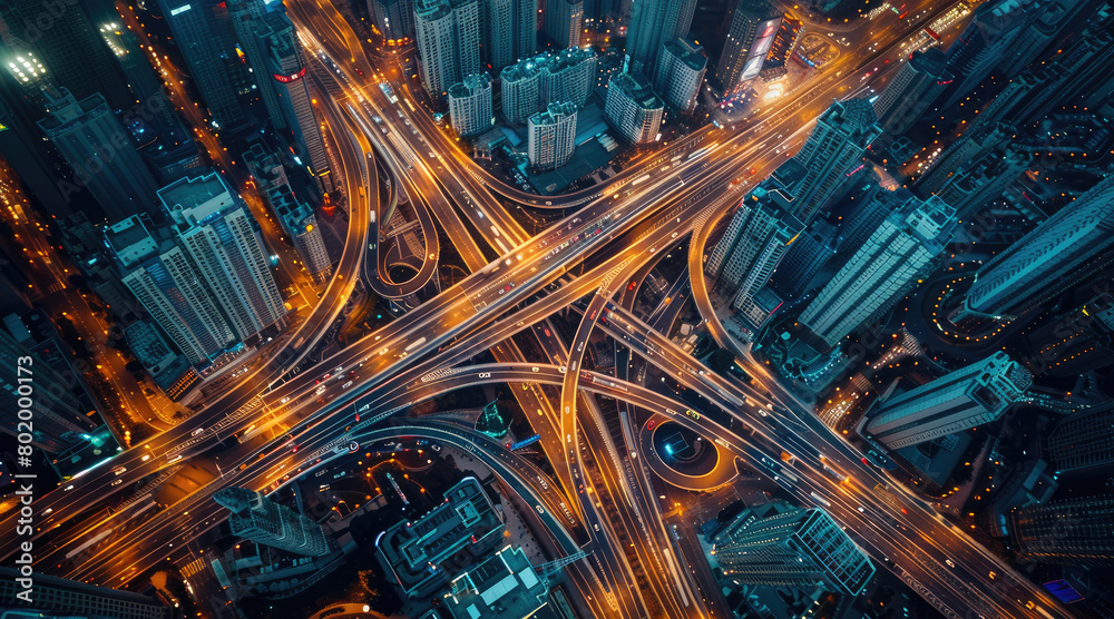 Poster aerial view of highway roads with interconnected roadways in the city at night. generative ai.