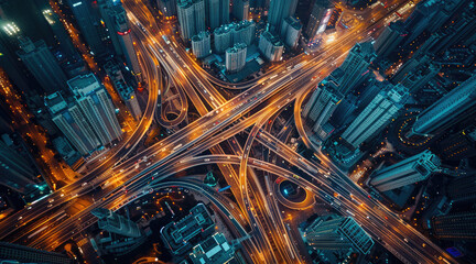 Aerial view of highway roads with interconnected roadways in the city at night. Generative AI.