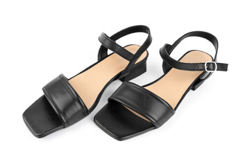 Black leather sandals. Stylish elegant trendy designer fashionable leather women's sandals shoes...