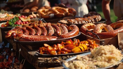 A long table is set up with an array of traditional German foods including bratwurst pretzels and sauerkraut all ready for hungry festivalgoers to enjoy.