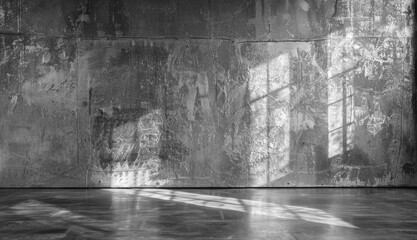 Gray concrete hall, grunge abandoned room, empty and monochrome interior