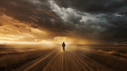 Lone Traveler Walks Down Dusty Road Towards Gathering Storm Clouds on the Horizon