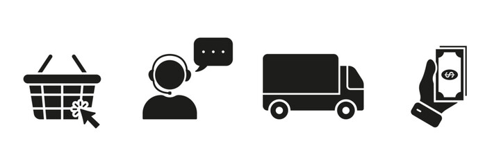 Online Shopping Steps Silhouette Icon Set. Making Order Guide Symbol Collection. Buy, Call To Support, Delivery, Payment Glyph Pictogram. E-commerce, E-business Sign. Isolated Vector Illustration