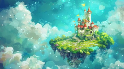 Illustration of a fantasy royal palace with towers on a green floating island with sparkling clouds, story about a magic kingdom, reading fun illustration.