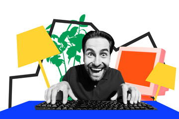 Composite photo collage of happy mad businessman type computer keyboard monitor remote work plant home isolated on painted background - obrazy, fototapety, plakaty