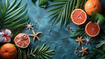 Tropical Citrus and Starfish on Blue Textured Background