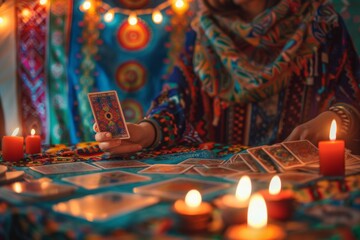 Woman holding a tarot card with candles around her. Fortune teller background. 