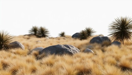  Isolate savanna dry grass meadow shrubs with rocks on white backgrounds 3d render