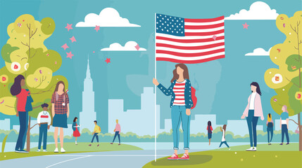Female student with USA flag outdoors Vector illustration