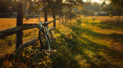 bicycle leaning against a wooden fence on the outskirts of a town at golden hour with background featurin softly blurred fields extending towards a line of trees and late afternoon sun  - Powered by Adobe