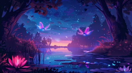 At night, two neon glowing fairy pixies float over a lake in a forest with lotuses. Cartoon modern dusk landscape with water lilies on ponds, trees and shrubs on shorelines, as well as fireflies and