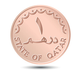 1 dirhams coin of Qatar. Coin side isolated on white background. Vector.