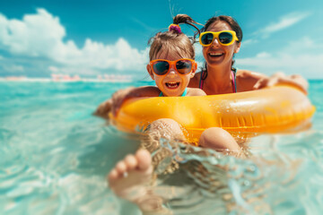 Mother and daughter in sunglasses with inflatable ring at beach, having fun on summer vacation