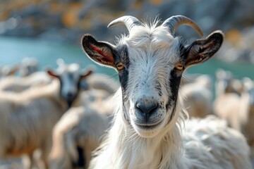 Fototapeta premium A stunning portrait of a white goat with black and brown patches, standing out from the herd in a natural setting