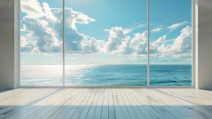 Serene ocean view virtual yoga room backdrop for tranquil meditation. Concept Virtual Yoga, Ocean View, Serene, Tranquil Meditation, Room Backdrop