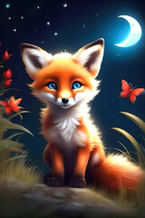 Fox Puppy, fantasy, cute, fox with blue eye, AI, KI, Wallart, animal, fox, kIdsdecoration, 