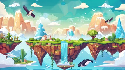 The floating island platform is designed to act as a game UI. The island platform consists of cartoon fantasy flying landscapes with forests and waterfalls, a sand desert with a rock cliff and cacti,