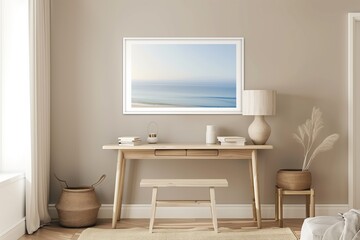 Home mockup, the minimalist design of this coastal living space in a living room interior close up in boho style